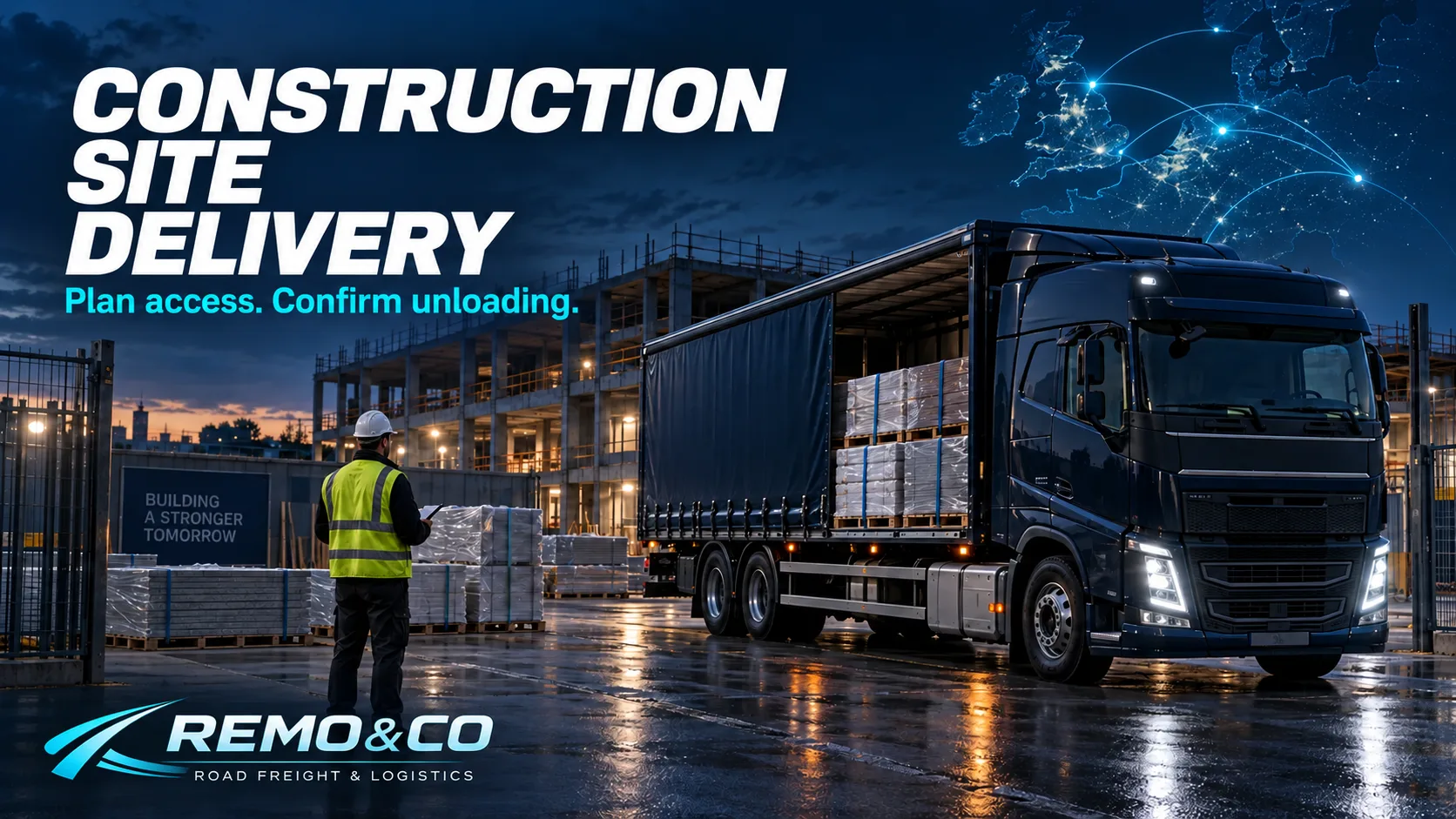 Pallet delivery to a construction site: confirm access, time slot and unloading